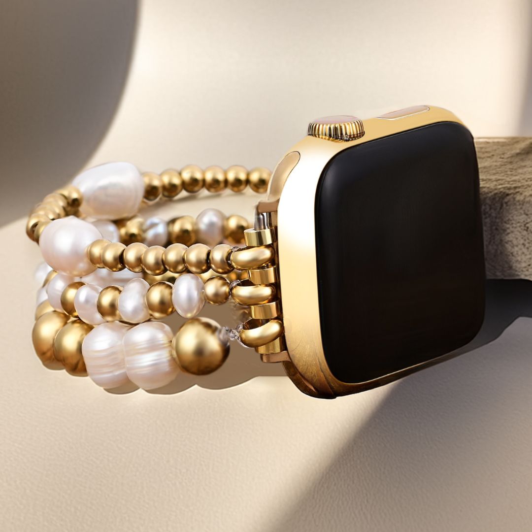 Gouden zoetwaterparel rekbare Apple Watch band