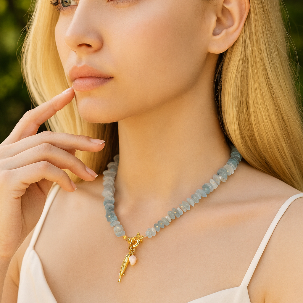 Aquamarijn Parel Bedel Ketting