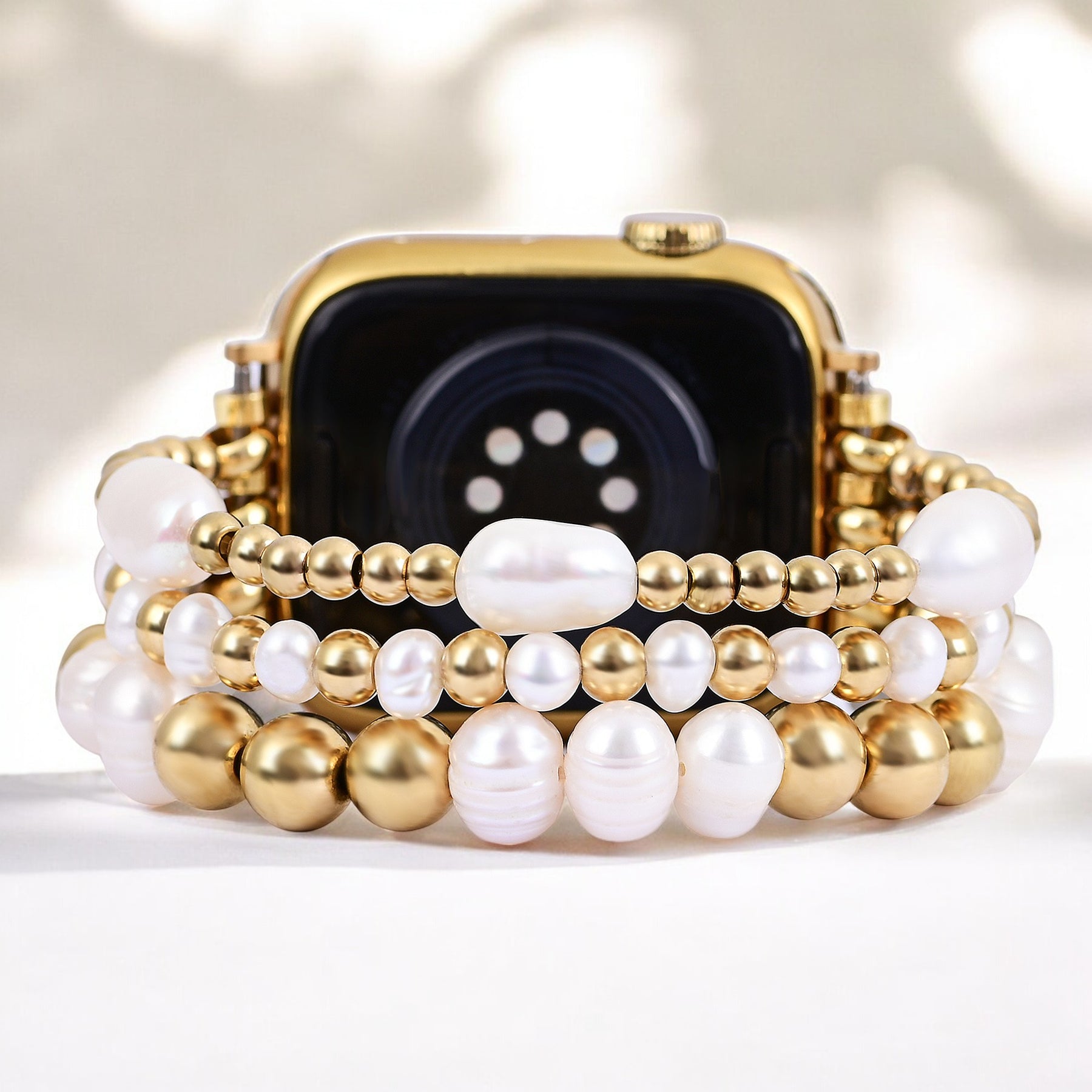 Gouden zoetwaterparel rekbare Apple Watch band
