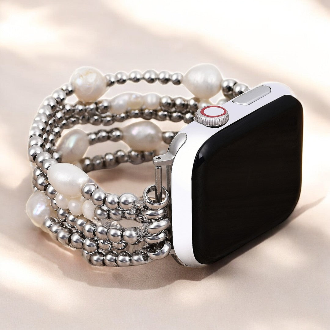 Parel- en zilverkleurige rekbare Apple Watch-band
