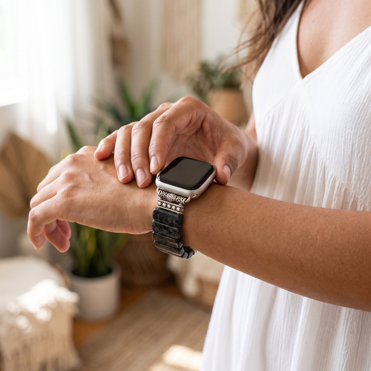 Elastisch Apple Watch-bandje van middernachtjaspis