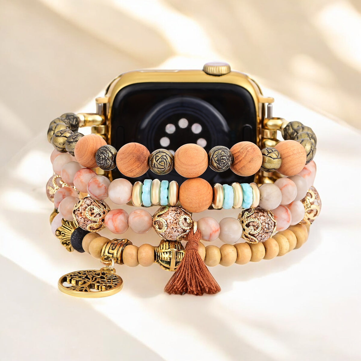 Gouden levensboom Jasper stretch horlogeband