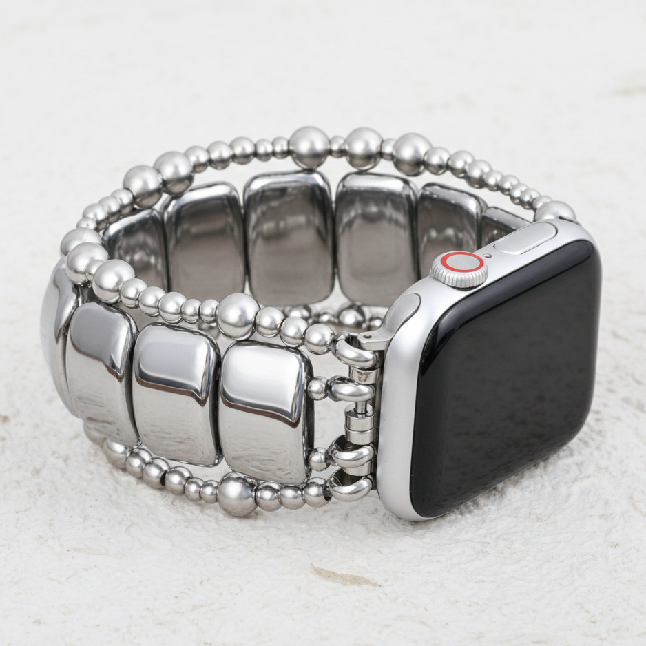 Platina Zwarte Rekbare Apple Watch Band