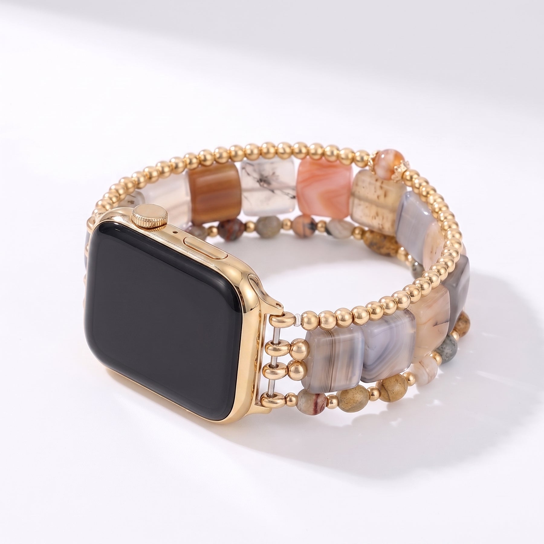 Fierce Grace Tiger’s Eye Stretch Apple Watch-band, zilverkleurig