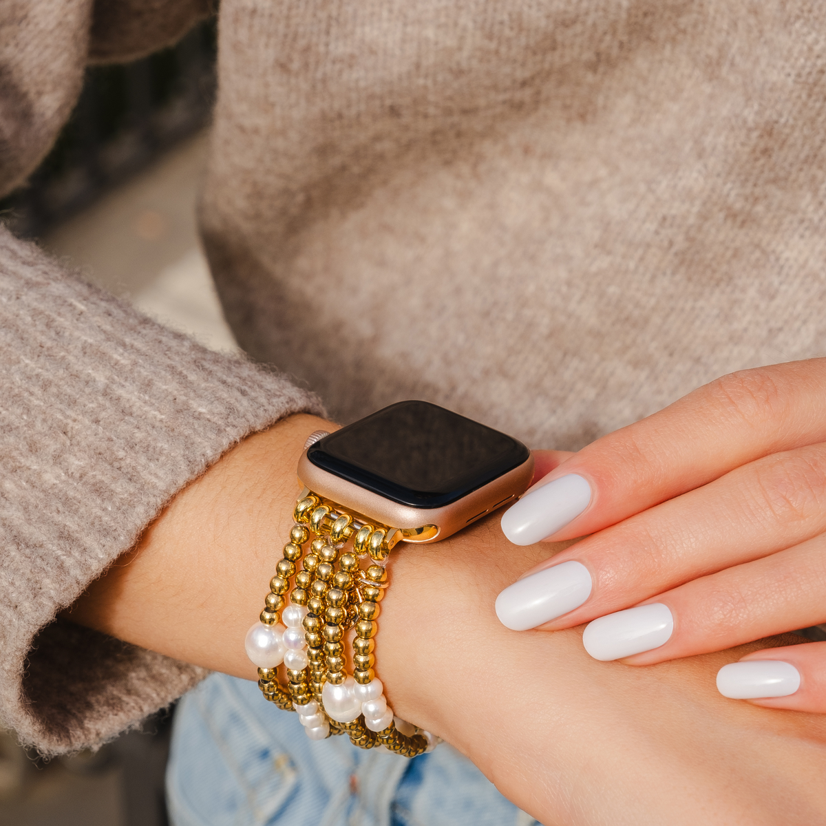 Gouden en Parel Stretch Apple Watch Bandje