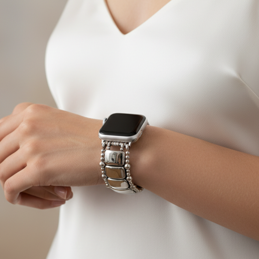 Platina Zwarte Rekbare Apple Watch Band