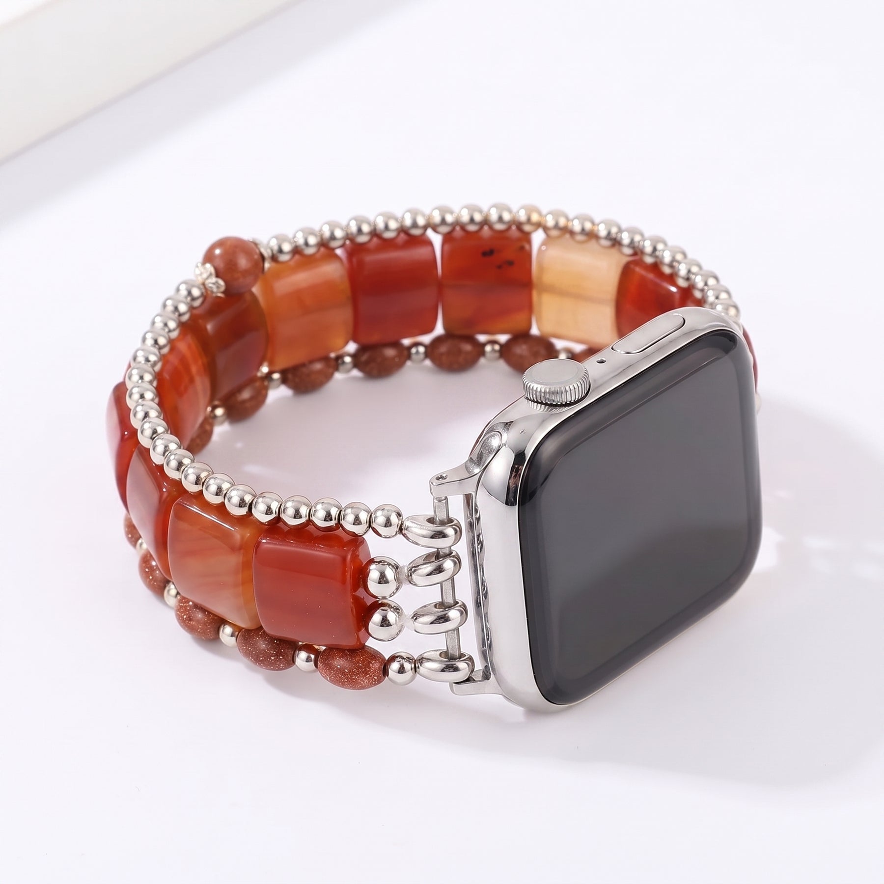 Fierce Grace Tiger’s Eye Stretch Apple Watch-band, zilverkleurig