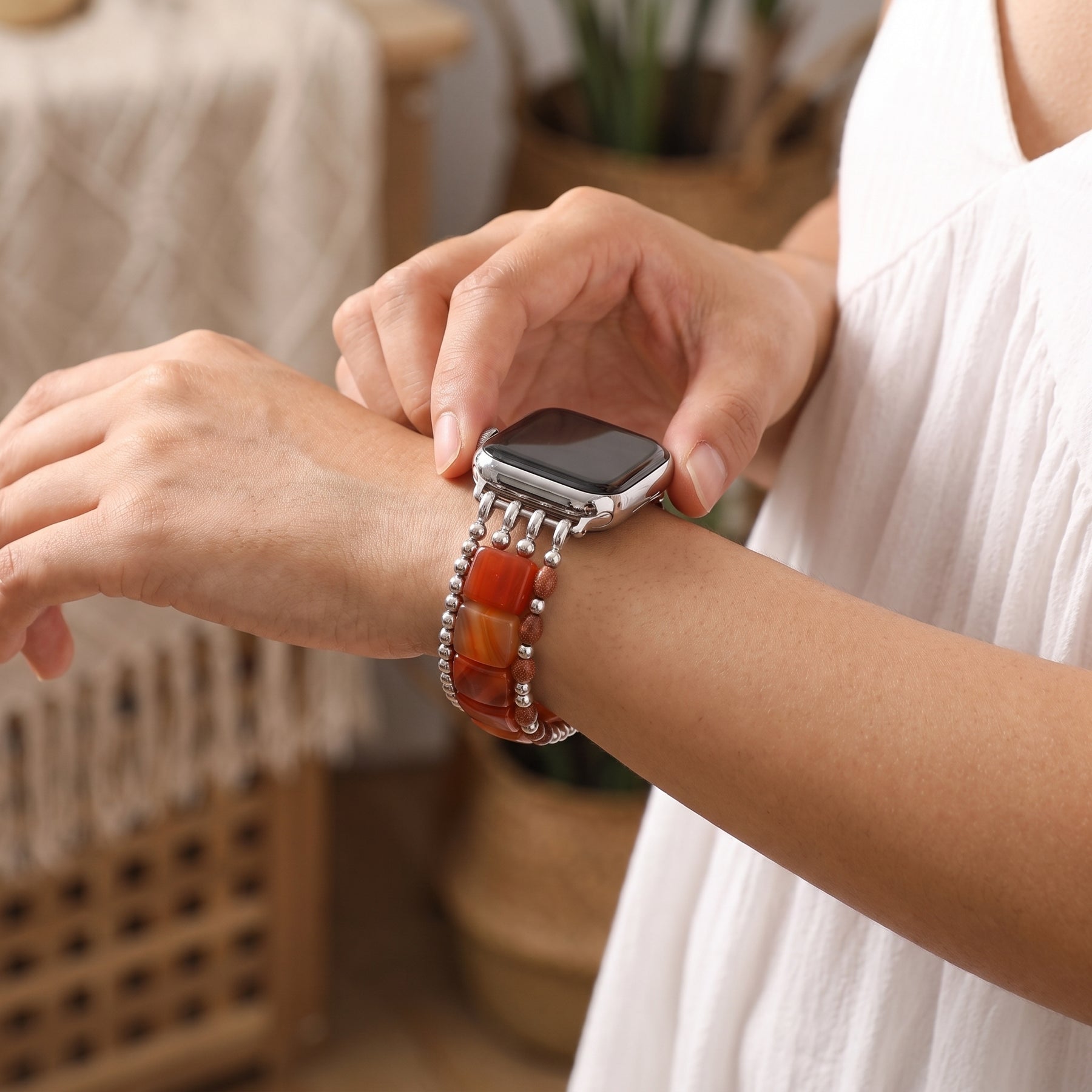 Wild Grace-agaatarmband voor Apple Watch, elastisch, zilverkleurig