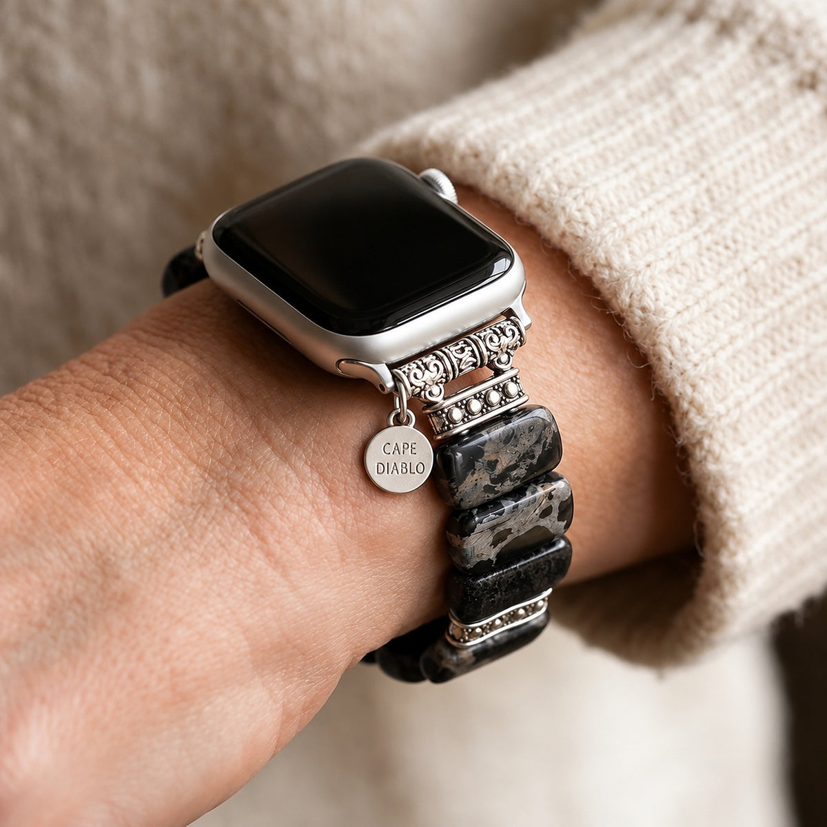 Midnight Jasper Stretch Apple Watch Strap worn on the wrist
